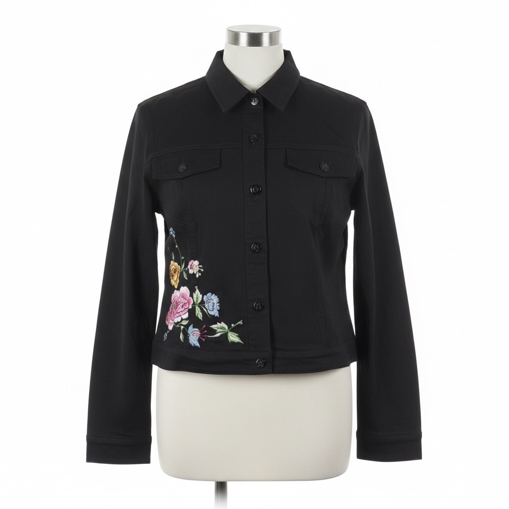 Lana Erica Jacket Womens Large Black Floral Embroidered Cotton Stretch Button Up